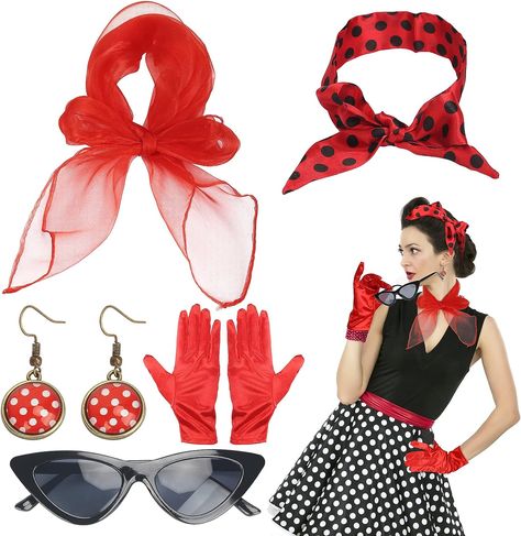 LOPOTIN 5-Piece Rockabilly Accessories 50s Women's Dress Accessories 1950s Costume Set with Chiffon Scarf Polka Dot Headband Cats Eye Glasses Red 60s Clothing for Theme Party Retro Teily Party 1950s Costume Women, Disfraz Rock And Roll, 50s Party Outfit, 1950s Outfit Ideas, 1950 Fashion Women, 60s Party Outfit, Rock And Roll Costume, Rock And Roll Outfit, Outfits 60s