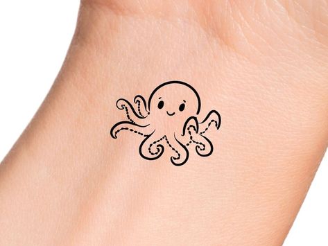 Cute Octopus Temporary Tattoo - Etsy Finland Line Art Octopus, Octopus Tattoos Cute, Minimal Octopus Tattoo, Cartoon Octopus Tattoo, Squid Tattoo Cute, Baby Octopus Tattoo, Small Octopus Tattoo Simple, Octopus Tattoos Simple, Octopus Tattoos Small