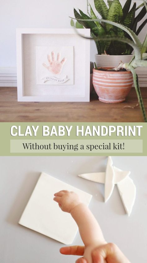 Make a DIY baby handprint or baby footprint from clay as a beautiful keepsake or Mother's Day or Father's Day or Grandparent's Day present. You don't need a special handprint kit for this adorable kids project! Treasure that tiny hand print forever! Diy Clay For Handprints, Hand Print Keepsake, Newborn Clay Footprint, Clay Handprint Diy, Newborn Arts And Crafts Diy, Handprint Keepsake Craft, Hand Print Keepsake Ideas, Diy Newborn Keepsakes, Newborn Footprints Ideas