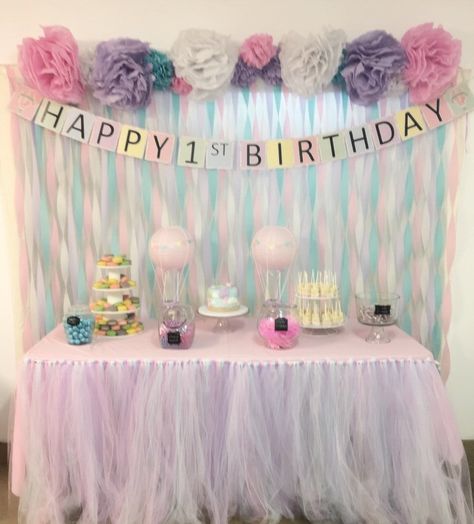 DIY streamer backdrop with Pom Poms.  DIY Tutu skirt dessert table. DIY Hot Air Balloon Centerpiece. My daughters 1st Birthday!  #CandyBuffet #StreamerBackdrop #TissuePaperPomPoms #TutuTableSkirt #HotAirBalloonCenterpiece #GirlsBirthdayParty #LavenderPinkMintWhite Pom Pom Backdrop, Baby Tutu Skirt, Hot Air Balloon Centerpieces, Diy Streamers, Diy Hot Air Balloons, Diy Tutus, Diy Dessert, Balloon Centerpiece, Table Backdrop