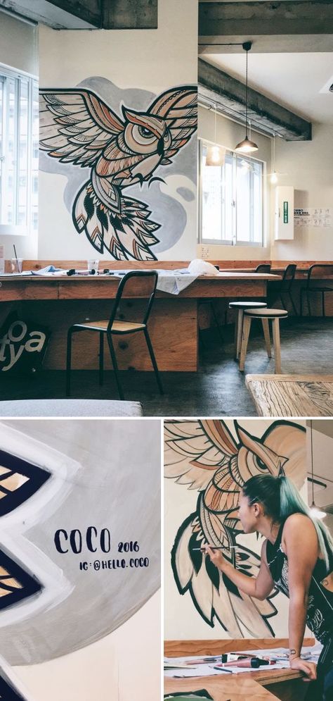 Owl Mural by Coco at Wise Owl Hostels Tokyo Owl Mural, Bird Mural, Indoor Mural, Mural Ideas, Custom Wall Decor, Minimal Wall Art, Owl Bird, Wise Owl, Furniture Art