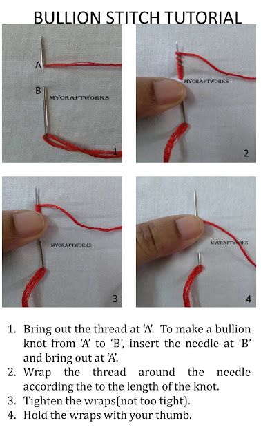 My craft works: Bullion Knot Stitch - Tutorial Bullion Knot Embroidery, Bullion Stitch Embroidery, Bullion Knot Stitch, Kamal Kadai, Types Of Embroidery Stitches, Bullion Knot, Bullion Stitch, Knot Stitch, Neckline Embroidery