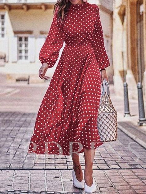 Red Polka Dot Dress Outfit, Long Sleeve Elegant Dresses, Boho Lanterns, Mode Prints, Prom Dresses Boho, Red Polka Dot Dress, Marine Uniform, Boho Dresses Long, Polka Dot Maxi Dresses