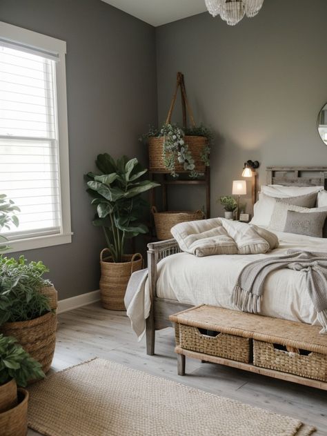 Dreamy Gray: Amazing Bedroom Decor Ideas - Bedroom Inspo Calm Grey Bedroom, White Bed Grey Walls, Colorful Gray Bedroom, Bedroom Grey Bed Decor, Boho Gray Walls, Beige Grey And Green Bedroom, Gray Wall Aesthetic, One Grey Wall Bedroom, Grey Rustic Bedroom Ideas