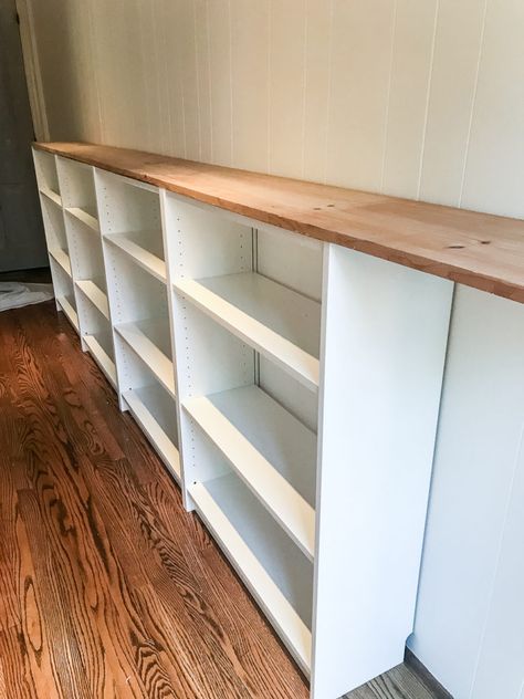 An easy to follow step-by-step tutorial showing how to build bookcase built-ins using IKEA Billy bookcases. #IKEAhack #homeimprovement #build #playroom Diy Built In Playroom Storage, Billy Bookcase Basement, Billy Bookcase Hack Playroom, Diy Short Bookshelf, Diy Ikea Shelves, Short Billy Bookcase Hack, Billy Bookcase Kids Room, Ikea Billy Kids Room, How To Build A Bookcase