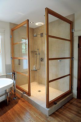 Modern Craftsman Style Arts And Crafts Bathroom Craftsman Style, Craftsman Shower Ideas, Prairie Style Bathroom, Wood Shower Door Ideas, Chrome And Wood Bathroom, Bathroom With Wood Trim, Wood Shower Door, Modern Craftsman Bathroom, Craftsman Shower