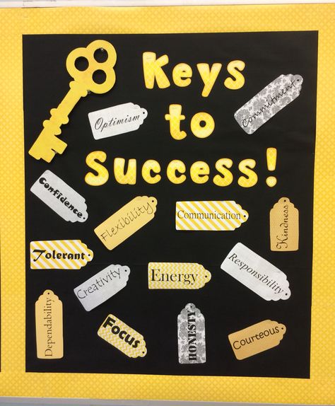 'Keys to Success' high school bulletin board. Characteristics printed on scrapbook paper and cut out in tag shapes. Social Work Bulletin Board Ideas, Counselor Bulletin Boards, Counseling Bulletin Boards, Mindset Bulletin Board, High School Bulletin Boards, Growth Mindset Bulletin Board, Classe Harry Potter, Work Bulletin Boards, Bored Teachers