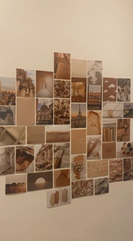 Aesthetic Pictures For Wall Collage Cream, Room Decor Ideas Aesthetic Photo Wall, Room Decor Brown Aesthetic, Aesthetic Photos On Wall Ideas, Brown College Dorm Aesthetic, Wall Decor Photo Collage, Aesthetic Brown Room Decor, Beige Aesthetic Wallpaper Bedroom, Brown Beige Room Aesthetic