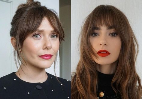 Curtain Bangs Long Hair Celebrity, Bottleneck Fringe Hair, 1970s Bangs Hair, Wavy Bottleneck Bangs, Fringe For Short Hair, Bouncy Fringe Hairstyles, Bangs With Medium Hair 2023, Arched Fringe Bangs, Winter Hairstyles With Bangs