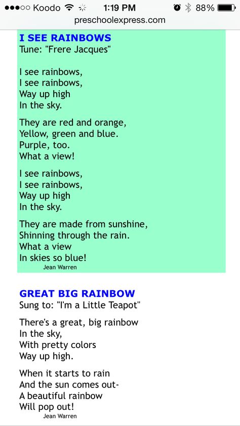 Rainbow songs Rainbow Rhymes Preschool, March Preschool Songs, Shamrock Songs For Toddlers, Color Songs For Preschool, Rainbow Songs For Toddlers, Rainbow Songs Preschool, Finger Plays For Kindergarten, Rainbow Lesson Plans Preschool, Rainbow Rhyme