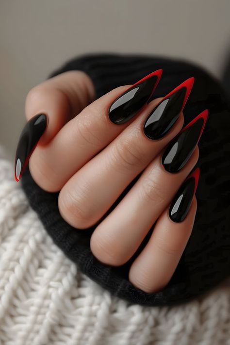 black nails, red French tips, classic nail designs, elegant nail ideas, baddie nails, black nail art, nail art inspo, elegant manicure, red and black nails, French tip nails, nail designs classic, classic manicure, black and red nail designs, nail designs elegant, black nail inspiration, red French tip nails, nail designs black, elegant nail art, black and red nail art, nail designs red, red tip nails, black nail designs, elegant nail inspiration, black and red manicure Black Nail Designs Coffin Shape, Black Almond Nails Designs Acrylics, Red Black Almond Nails Designs, Red Nail Black Tip, Red Nails With Red French Tip, Black Nails Easy Design, Red Black Matte Nails, Red With Black French Tips, Black Nail Red French Tip