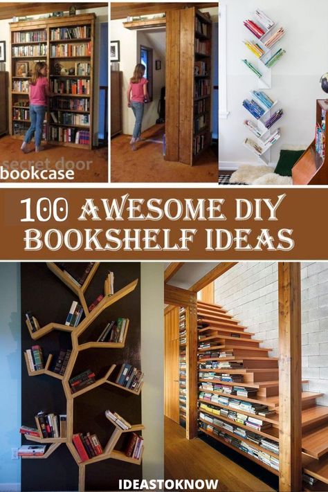 Here are some amazing DIY bookshelf ideas and plans for your home. DIY Bookshelf plans that are creative, cheap, and easy to make. Best DIY projects for bookshelf. Spacious bookshelf home ideas. via@ideastoknow Pallet Bookshelf Wall Shelves, Fun Book Shelves, Diy Bookcases Ideas, Unique Wall Bookshelves, Creative Bookcase Ideas, Cool Bookshelves Bedroom, Diy Floating Shelves For Books, Hanging Bookshelves Diy, Book Lovers Room Ideas