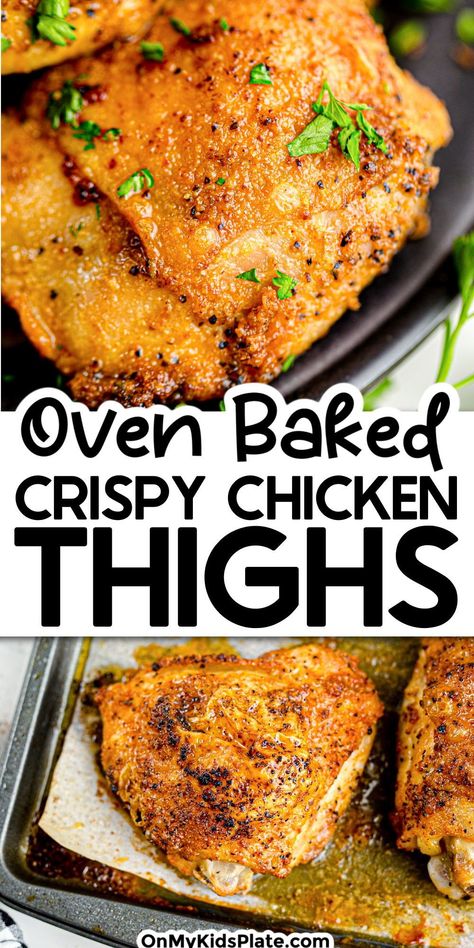 Crispy golden brown oven-baked chicken thighs are simple to prep and easy to make! Bone-in, skin on chicken breast is juicy, crispy and so savory, the perfect easy dinner with simple ingredients. Oven Baked Crispy Chicken, Baked Crispy Chicken, Pork Loin Chops Recipes, Chicken Thighs In Oven, Crispy Baked Chicken Thighs, Oven Baked Chicken Thighs, Crispy Oven Baked Chicken, Crispy Chicken Thighs, Loin Chops