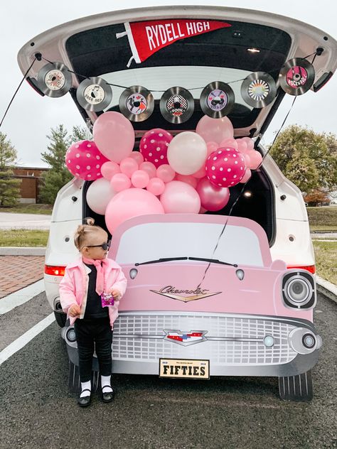 Pink Ladies Grease Trunk Or Treat, Trunk Or Treat Ideas For Cars 50s Theme, 1950s Trunk Or Treat, Trunk Or Treat Grease Theme, 50s Theme Trunk Or Treat, Cheer Trunk Or Treat Ideas, Light Up Trunk Or Treat Ideas, Barbie Truck Or Treat, Grease Themed Trunk Or Treat