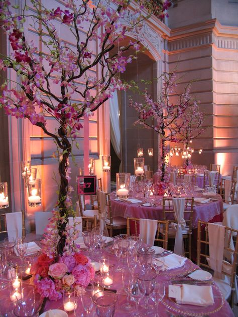 Pink Forest Wedding Theme, Pink Venue For Wedding, Pink Butterfly Quince Centerpieces, Pink And Green Debut Theme, Butterfly Quinceanera Theme Centerpieces Pink, Pink Princess Wedding Theme, Pink Garden Quinceanera Theme, Floral Centerpieces With Fairy Lights, Cherry Blossom Quince Theme