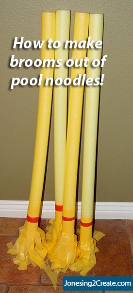 Worried your kids will kill each other with real brooms for Halloween? Make them with pool noodles! Quidditch Game For Kids, Harry Potter Summer Camp Ideas, Harry Potter Pool Party Ideas, Harry Potter Camp Ideas, Harry Potter Summer Camp, Harry Potter Pool Party, Harry Potter Camp, Quidditch Brooms, Harry Potter Broom