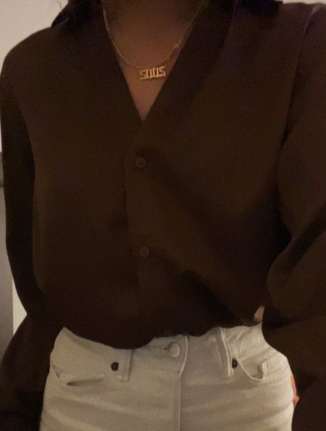 Brown Shirt And Jeans Outfit, Outfit With Brown Shirt, Brown Long Sleeve Shirt Outfit, Brown Satin Top Outfit, Brown Satin Shirt Outfit, Brown Pullover Outfit, Dark Brown Outfits For Women, Brown Shirt Outfit Aesthetic, Opera Aesthetic Outfit