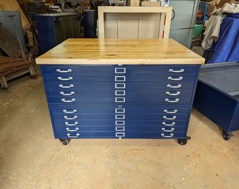 Blue Print File Cabinet, Free Shipping Banner, Flat File Cabinet, Tanker Desk, Printer Cabinet, Maple Butcher Block, Double Pedestal Desk, Flat File, Drawer Bins