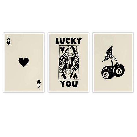 PRICES MAY VARY. 【Lucky You Poker Poster】Our 3 pieces funky black and white lucky you poker posters size is 16x24 inches (about 40x60cm). This funky vintage design adds a touch of preppy and girly charm to any room. Since no frame is included, 1 cm margin on each side for an easy DIY frame that perfectly matches your taste. 【Funky Room Decor Prints】Our black and white wall decor is crafted using only the finest high-end canvas, ensuring durability and a premium finish. We take pride in using env Lucky You Card Poster, Dorm Black And White, Playing Cards Decor, Poker Poster, Matching Posters, Funky Room Decor, Funky Room, Girly Preppy, Poster Set Of 3