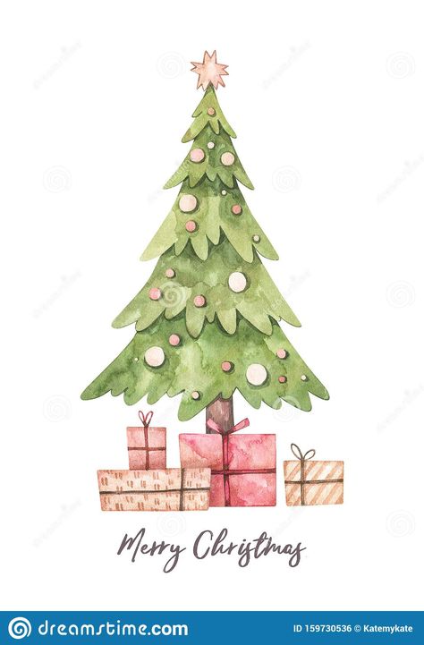 Christmas Illustration With Christmas Tree And Gift Boxes - Watercolor Illustration. Happy New Year. Winter Design Elements. Perf Stock Illustration - Illustration of frame, gift: 159730536 Tree Clipart Png, Red And Green Christmas Tree, Christmas Tree Drawing, Gift Drawing, New Year Illustration, Illustration Christmas, Christmas Tree Clipart, Christmas Doodles, Frame Gift