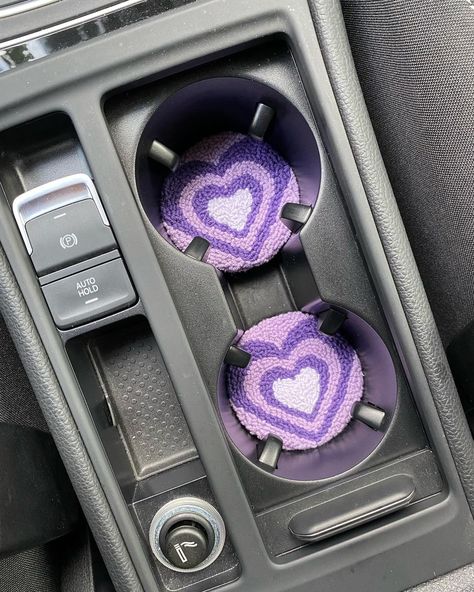 Punch Needle Handmade Car Coasters, Purple and Brown Heart Car Accessories, Pink and Green Heart Car Mug Rug, Christmas Gift -  #accessories #Brown #Car #Christmas #Coasters #gift #Green #handmade #Heart #Mug #Needle #pink #punch #Purple #Rug Purple Car Aesthetic Interior, Pink And Purple Car Interior, Purple Seat Covers For The Car, Lilac Car Interior, Light Purple Car Accessories, Lavender Car Interior, Purple Car Mods, Black And Purple Car Interior, Kuromi Car Decor
