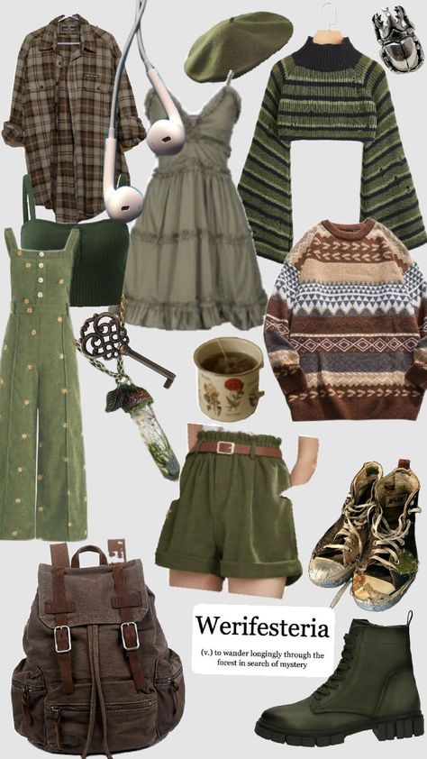 Easy Goblincore Outfit, Clothes Nature Aesthetic, Green Nature Outfit, Cottage Core Aesthetic Outfits Casual, Rustic Core Aesthetic Outfit, Forest Explorer Outfit, Forest Core Aesthetic Outfits, Nature Core Aesthetic Outfits, Forest Outfits Aesthetic