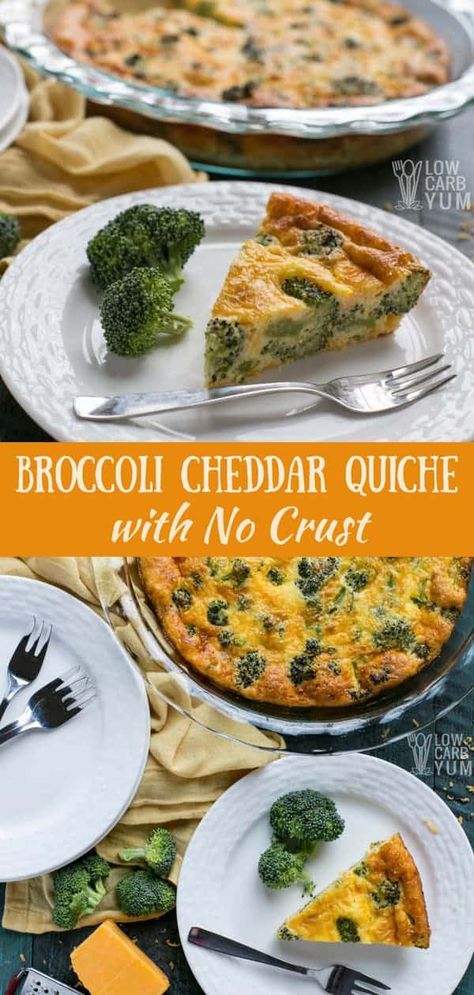 Love quiche but not all the empty calories that comes with it? Then try this crustless broccoli cheddar quiche recipe. Only five minutes of prep time! #weightwatchers #Atkins #lowcarb #keto #ketorecipes #broccoli #cheese #quiche #lowcarbrecipes #lowcarbmeals #ketomeals #lowcarbbreakfast #ketobreakfast | LowCarbYum.com Crustless Broccoli Quiche, Broccoli Cheddar Quiche, Cheddar Quiche, Low Carb Low Calorie, Keto Quiche, Broccoli Quiche, Cucumber Diet, Diner Recept, Quiche Recipe