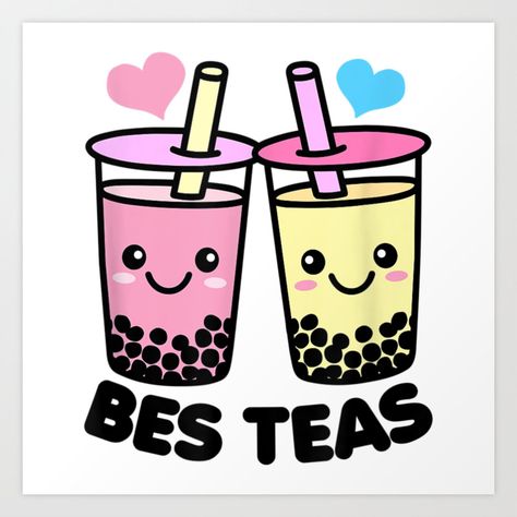 Bes Teas Cute Kawaii Boba Drinks Art Print by KrisGonzales Boba Tea Logo Design, Boba Stickers, Bubble Tea Sticker, Boba Sticker, Drinks Art, Kawaii Boba, Tea Puns, Mothers Day Drawings, Funny Food Puns