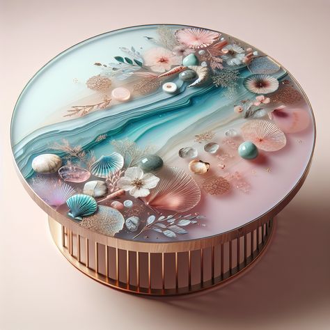 Embrace tranquility with this exquisite resin art table, featuring a sophisticated blend of calming pastels and elegant patterns. Dried flowers, seashells, and lace float within the clear resin, adding grace and charm. Fine gold leaf accents give an opulent touch to this modern, sleek table. #ResinArt #PastelHomeDecor #ElegantFurniture #ModernArtTable #ChicInteriorStyle #ResinDecor. Pastel, Diy Resin Coffee Table, Resin Art Table, Sleek Table, Seashell Design, Pastel Home Decor, Whimsical Furniture, Lavender Pink, Diy Resin Art