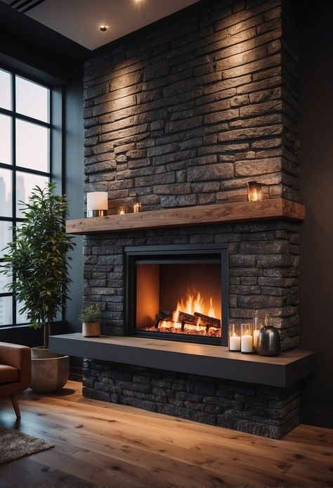 25 Fireplace Accent Wall Ideas to Create the Ultimate Cozy Corner Black Stone Wall Living Room, Chevron Fireplace Wall, Open Fireplace Ideas, Fireplace Stone Ideas, Modern Fireplace Wall Living Room, Black Slate Fireplace, Fireplace Accent Wall Ideas, Black Fireplace Wall, Fireplace Accent Wall