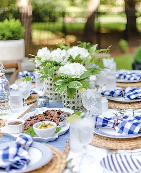 Blue Gingham tablescape Backyard Bbq Table, Backyard Barbeque Party, Backyard Barbecue Party, Bbq Dinner Party, Bbq Decorations, Gingham Party, Garden Soiree, Bbq Party Food, Dinner Party Table Settings