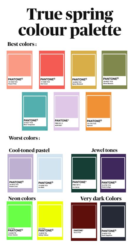 True Spring Palette, Warm Spring Palette, True Spring Color Palette, Warm Spring Color Palette, Warm Spring Outfits, Color Names Chart, True Spring Colors, Light Spring Color Palette, Jewel Tone Color Palette