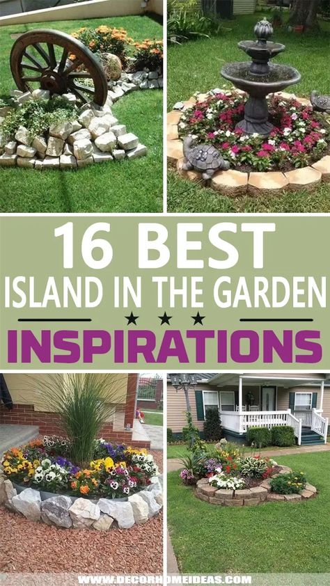 Island In The Garden Ideas. Create a beautiful island in the garden with these flower beds. Plant colorful flowers and separate them with garden edging to create an island. #decorhomeideas Flower Bed Middle Of Yard, Flower Beds In Yard, Garden Center Piece Ideas, Lawn Garden Ideas Front Yards, Elegant Garden Ideas, Pretty Flower Beds Ideas, Garden Beds Layout Ideas, Flower Bed In Middle Of Lawn, Yard Island Ideas Front Yard