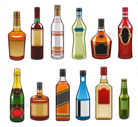 Alcohol drinks bottles icons. Vector isolated set of whiskey, champagne or sparkling vine and gin with vermouth or brandy liquor, Liquor Party, Liqour Bottles, Brandy Liquor, Hennessy Bottle, Party Beverages, Bottle Alcohol, Drink Gin, Alcohol Bar, Bottle Drawing