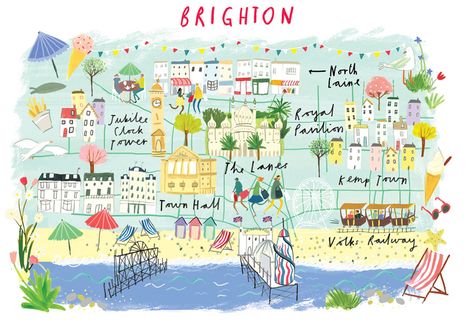 Clare Rossiter, Brighton Map Brighton Illustration, Brighton Map, Illustrated Maps, London Brighton, Brighton England, Hand Drawn Map, Travel England, Bar Party, Brighton And Hove