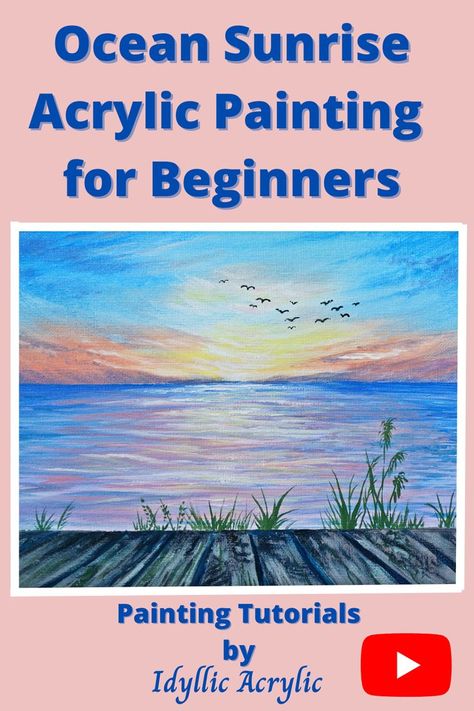 Sunrise Acrylic Painting, Beginners Canvas Painting, Simple Acrylic Painting, Easy Acrylic Painting For Beginners, Winter Scene Paintings, Cityscape Drawing, Beach Scene Painting, Ocean Sunrise, Beach Art Painting