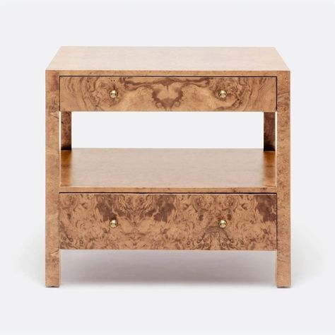 The Winterwood Nightstand has an intriguing wood veneer finish with that is full of depth and contrasting wood grains. With two drawers and an open shelf for plenty of display and storage space, this nightstand makes a great fit beside any modern or contemporary bed. With its natural wood material, variations in colour and wood grain are to be expected. Double Nightstand, Bungalow 5, Cool Mirrors, Living Room End Tables, Curve Design, End Tables With Storage, Walnut Veneer, Burled Wood, Glass Shelves