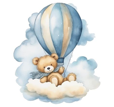 Teddy Bear In A Hot Air Balloon, Teddy Bear In Hot Air Balloon, Teddy Bear Air Balloon, Teddy Watercolor, Teddy Illustration, Freepik Illustration, Illustration Art Cute, Hot Air Balloon Illustration, Teddy Bear Hot Air Balloon