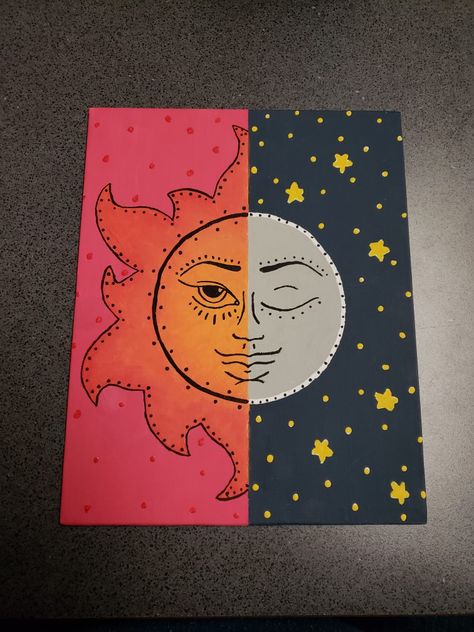Sun and Moon Canvas Painting Canvas Painting Ideas For Beginners, Canvas Aesthetic, Painting Ideas For Beginners, Painting Aesthetic, Trippy Painting, Seni 2d, Easy Canvas, Canvas Painting Ideas, Hippie Painting