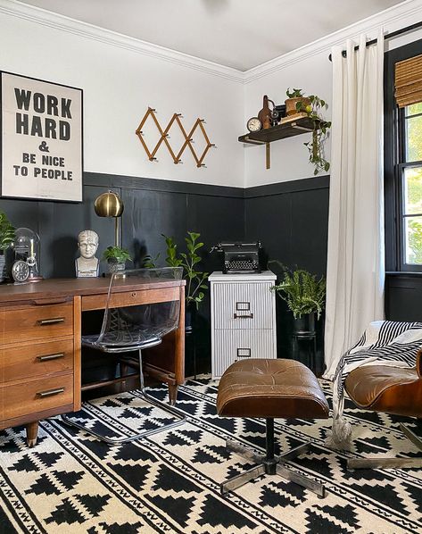 Madmen Office Decor, Modern Antique Office Decor, Vintage Modern Office Decor, Punk Office Decor, Hip Office Space, Western Inspired Office, Grunge Office Decor, Masculine Boho Office, Rustic Boho Office