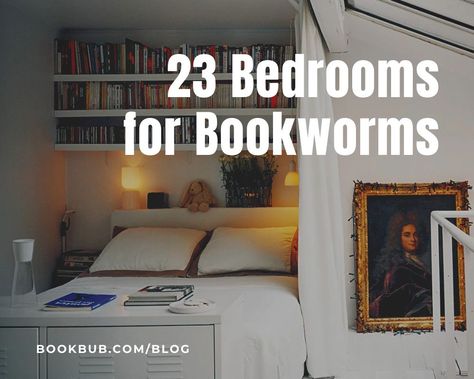 The ultimate bedroom setups for bookworms. Full of decorating inspiration! #books #decorating #bedroom Readers Bedroom Aesthetic, Room For Book Lovers, Library Spare Bedroom, Bedroom For Readers, Bookshelves Behind Bed, Library Bedroom Master Suite, Room With Bookshelves Aesthetic, Library Themed Bedroom, Funny Bedroom Decor