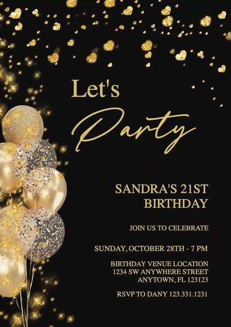 Gold Glitter Balloon - Free Adults Birthday invitation maker, customize and share to social media Free Invitation Card Maker, Undangan Birthday Party, 24th Birthday Invitations, 22 Birthday Invitations, 21st Birthday Invitations Templates Free, Free Party Invitations Templates, Birthday Invitation Card For Adults, 21 Birthday Invitations Ideas, 21st Birthday Invitations Templates