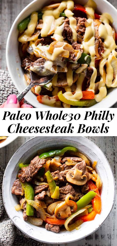 Philly Cheesesteak Bowls, Paleo Running Momma, Whole30 Keto, Whole30 Dinners, Whole 30 Diet, Boiled Egg Diet Plan, Paleo Beef, Boiled Egg Diet, Philly Cheesesteak