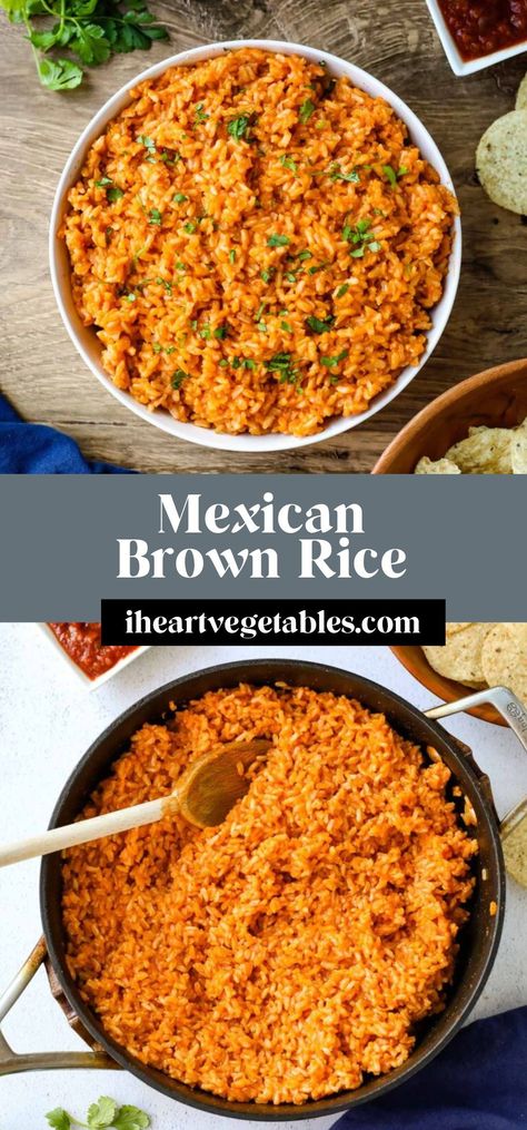 This Mexican Brown Rice, also called Red Rice, is made with brown rice for a nutritious side dish that is filled with flavor. Pair it with tacos or serve it with your favorite protein for a tasty meal! Brown Rice Spanish Rice, Mexican Brown Rice Instant Pot, Brown Rice Mexican Rice, Spanish Rice With Brown Rice, Brown Rice Recipes Rice Cooker, Mexican Rice With Brown Rice, Spanish Brown Rice Recipes, Mexican Brown Rice Recipes, Chipotle Brown Rice Recipe