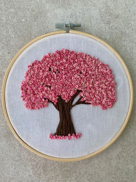 Cherry Tree Embroidery, Frenchknots Embroidery Design, Embroidery Designs Gift Ideas, Embroidery Frame Wall Decor, Cherry Blossom Tree Embroidery, French Knot Embroidery Designs Ideas, Blossom Tree Embroidery, French Knot Embroidery Designs, Framed Embroidery Wall Art