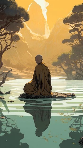 A cartoon of a monk sitting on a rock in... | Premium Photo #Freepik #photo #monk #buddhist-monk #buddha #buddhist Sun Soul Monk Aesthetic, Monk Mode Wallpaper, Monk Meditation Art, Buddhist Monk Art, Buddhist Drawing, Monk Wallpaper, Buddhist Wallpaper, Buddhist Monk Meditation, Buddhist Aesthetic