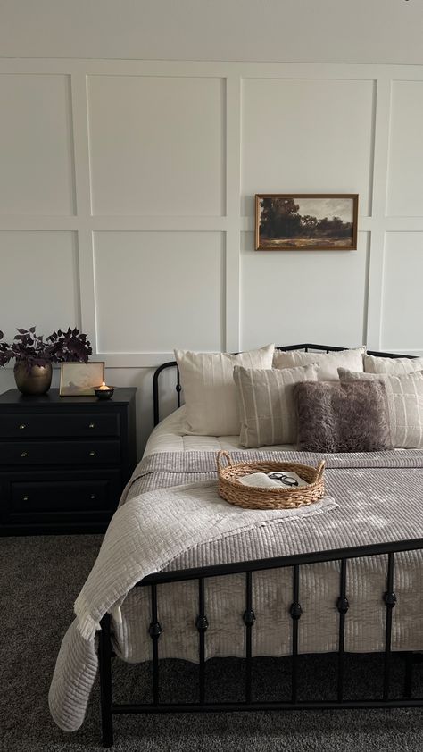 Neutral master bedroom decor Metal Bed Masterbedroom, Guest Bedroom Ideas With Black Bed, Wall Decor Above Queen Bed, Minimalist Bedroom Black Metal Bed Frame, Metal Bed Frame Upgrade, Black Medal Bed, Black Bed Frame Bed, Guest Bedroom Ideas Metal Bed, Metal And Upholstered Bed