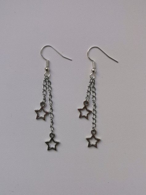 Star silver earrings Cute Y2k Earrings, Star Earrings Y2k, How To Make Stars, Y2k Earrings, Silver Star Earrings, Star Silver, Moon And Star Earrings, Earring Ideas, Handmade Jewelry Diy