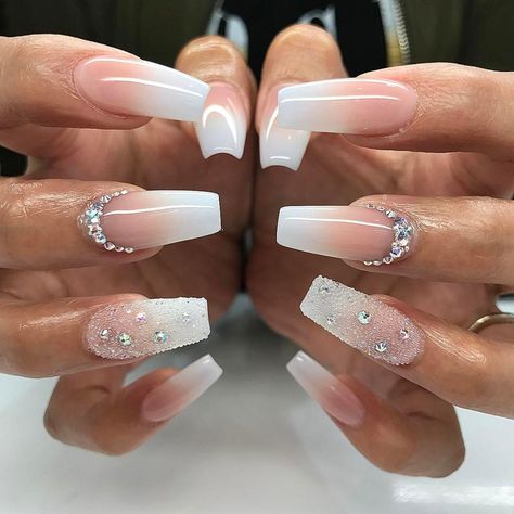 Diamond Nail Designs, White Coffin Nails, Long Stiletto Nails, Stiletto Nails Designs, Nagel Inspo, White Nail Designs, Glitter Pink, Diamond Nails, Baby Boomer