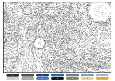 Printable Paint By Numbers Van Gogh Starry Night Activity Adult Starry Night Paint By Number, Paint By Number Art, Color By Number Printable Free For Adults, Number Painting Printable, Colour By Numbers Printable, Paint By Numbers For Adults, Color By Number Printable Free Adult, Color By Number Printable Free Difficult, Adult Color By Number Free Printables